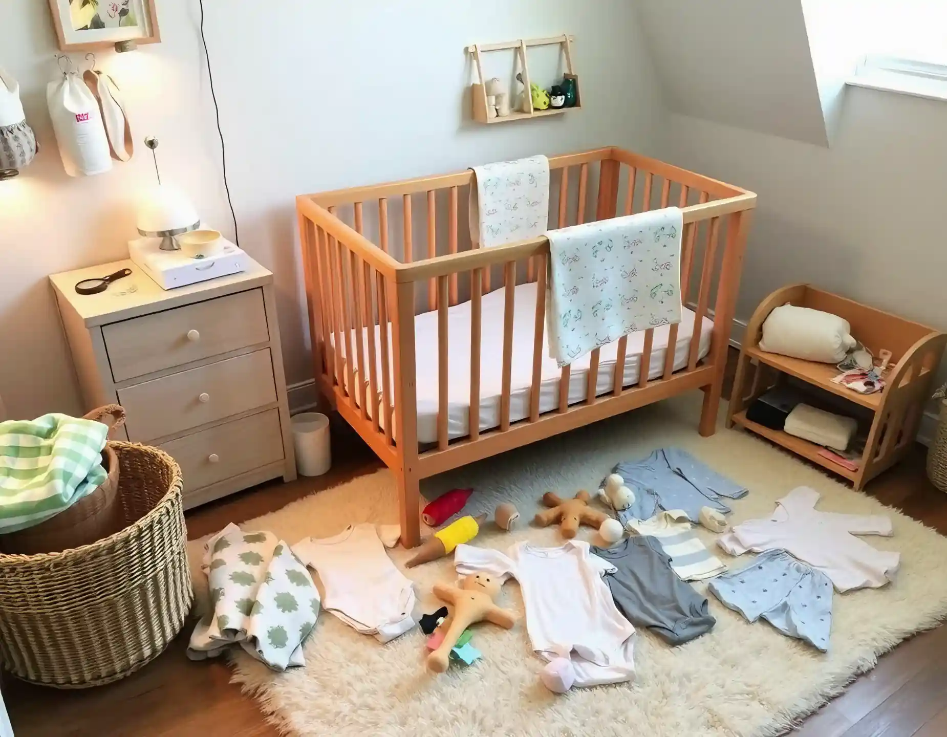A cozy nursery scene filled with budget-friendly baby supplies, including cloth diapers, a simple wooden crib, handmade toys, and organic baby clothes arranged neatly on a soft rug, warm lighting creating a welcoming atmosphere.