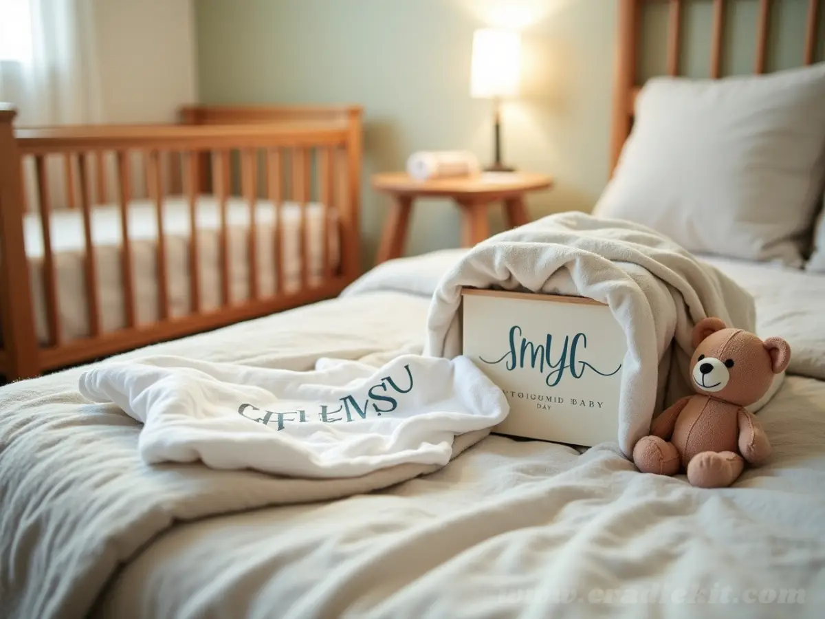 A cozy, well-lit scene of a baby's room with personalized baby gifts such as a monogrammed muslin blanket, a personalized onesie, and a small stuffed animal