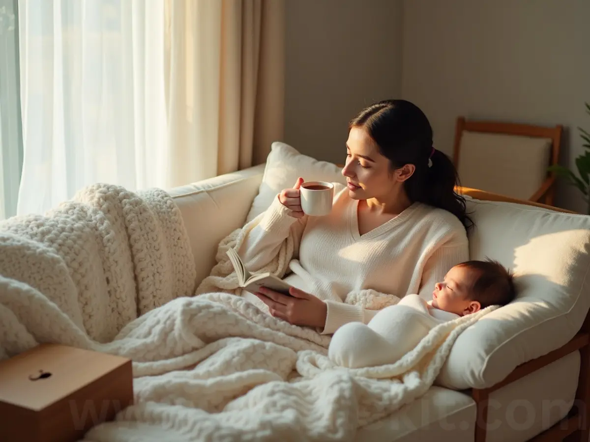 A warm and inviting scene of a new mother relaxing on a comfortable sofa with a soft blanket, a cup of tea and a book. With a baby sleeping in a crib nearby, with soft natural light streaming in through the window.