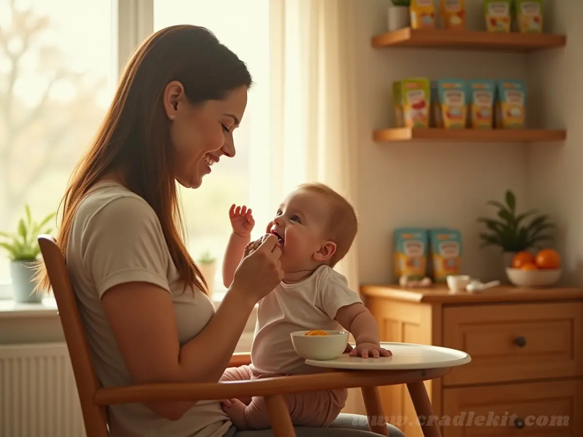 Warm and cozy scene of a mother feeding her baby organic puree in a sunlit nursery