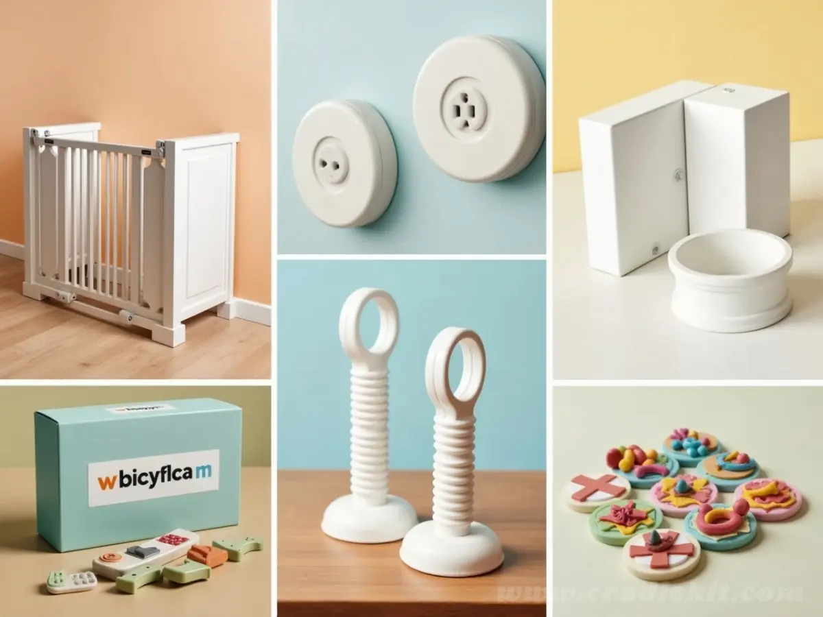 A vibrant, modern photo collage of the top 5 childproofing products: a safety gate, magnetic cabinet locks, outlet covers, corner guards, and a childproofing kit